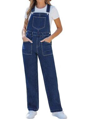 Women's Nightfall Blue Bib Pocket Adjustable Straps Stretchy Denim Jumpsuits